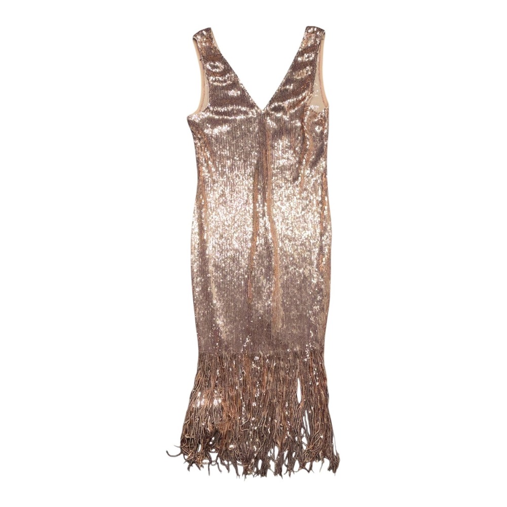 Forever 21 a.peach Rose Gold Sequin Fringe Flapper Dress V-Back 1X YD30672-P